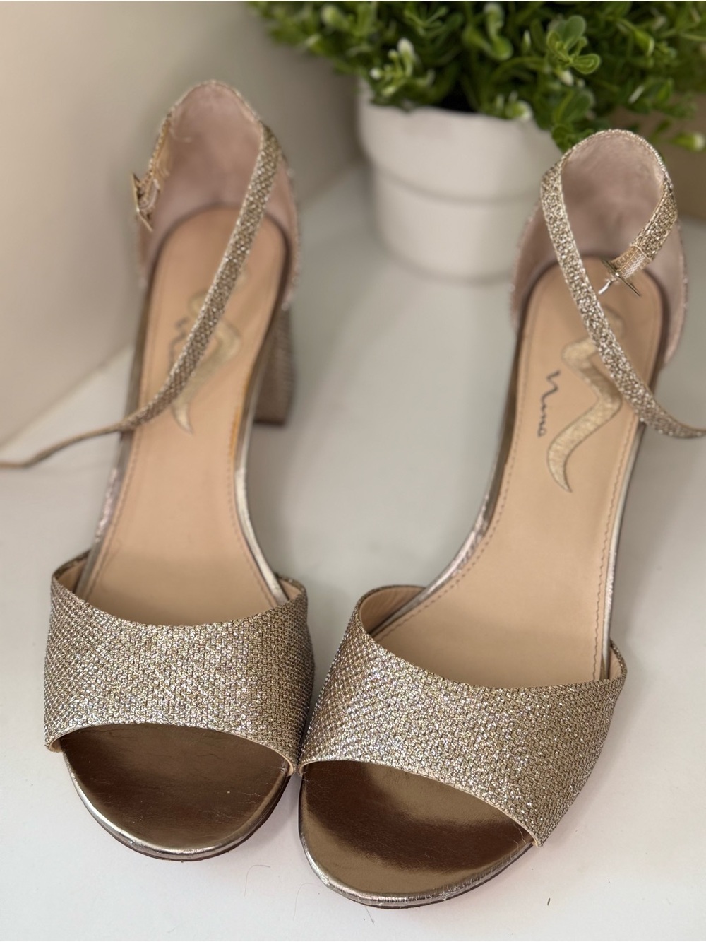 Women's Glitter Open-Toe Ankle Strap Heels in Rose Gold